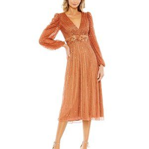 Mac Duggal 5593 Hand Embellished V Neck Puff Long Sleeve A Line Midi‎ Cognac 2